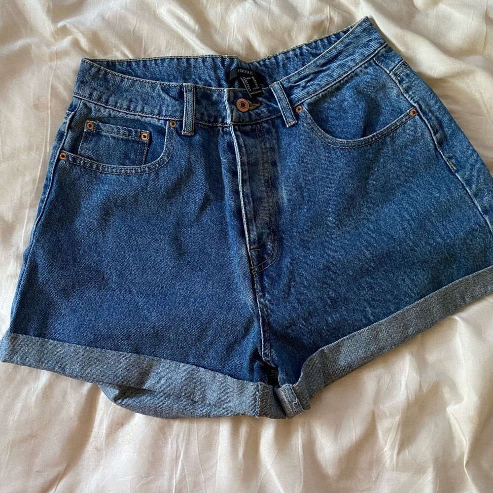 Forever 21 Women's High Rise Button Fly Cuffed Denim Shorts